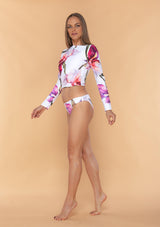 Long sleeve cropped top purple flowers on white