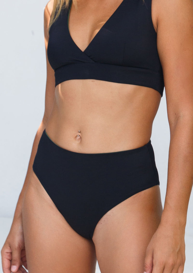 swimsuit bikini bottoms black green high waist recycled reversible 