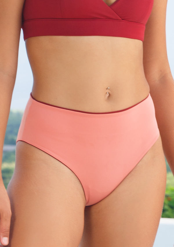 swimsuit bikini bottoms red pink high waist recycled reversible